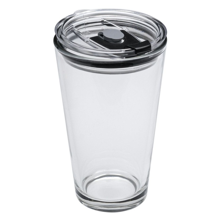Cana sticla, pentru cafea, de voiaj, cu capac de plastic cu inchidere, 455ml