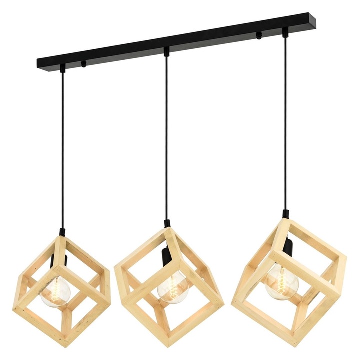 Lustra Cojom Kubus 3nnl, din lemn masiv, fag, 3 becuri cu dulie E27, culoare negra si natur