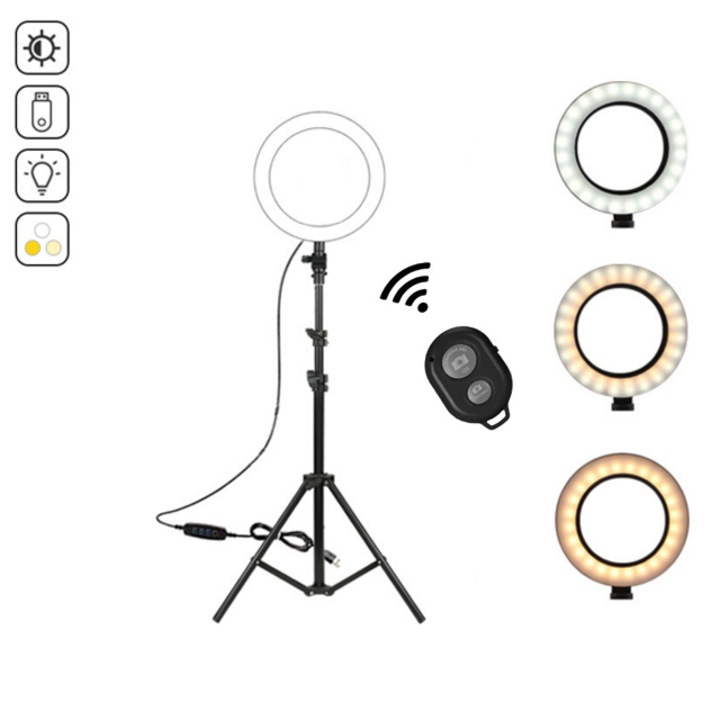 Lampa circulara Ring Light, diametru 15cm/6inch LED , conectare USB , 3 moduri de lumina , 10 trepte reglaj , telecomanda selfie , trepied 210cm inclus