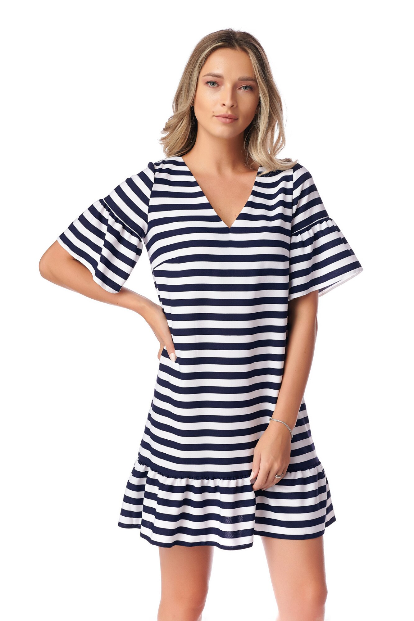 Rochie din bumbac satinat, Fashion Loft, maneci si volane, cu dungi, Alb/Bleumarin