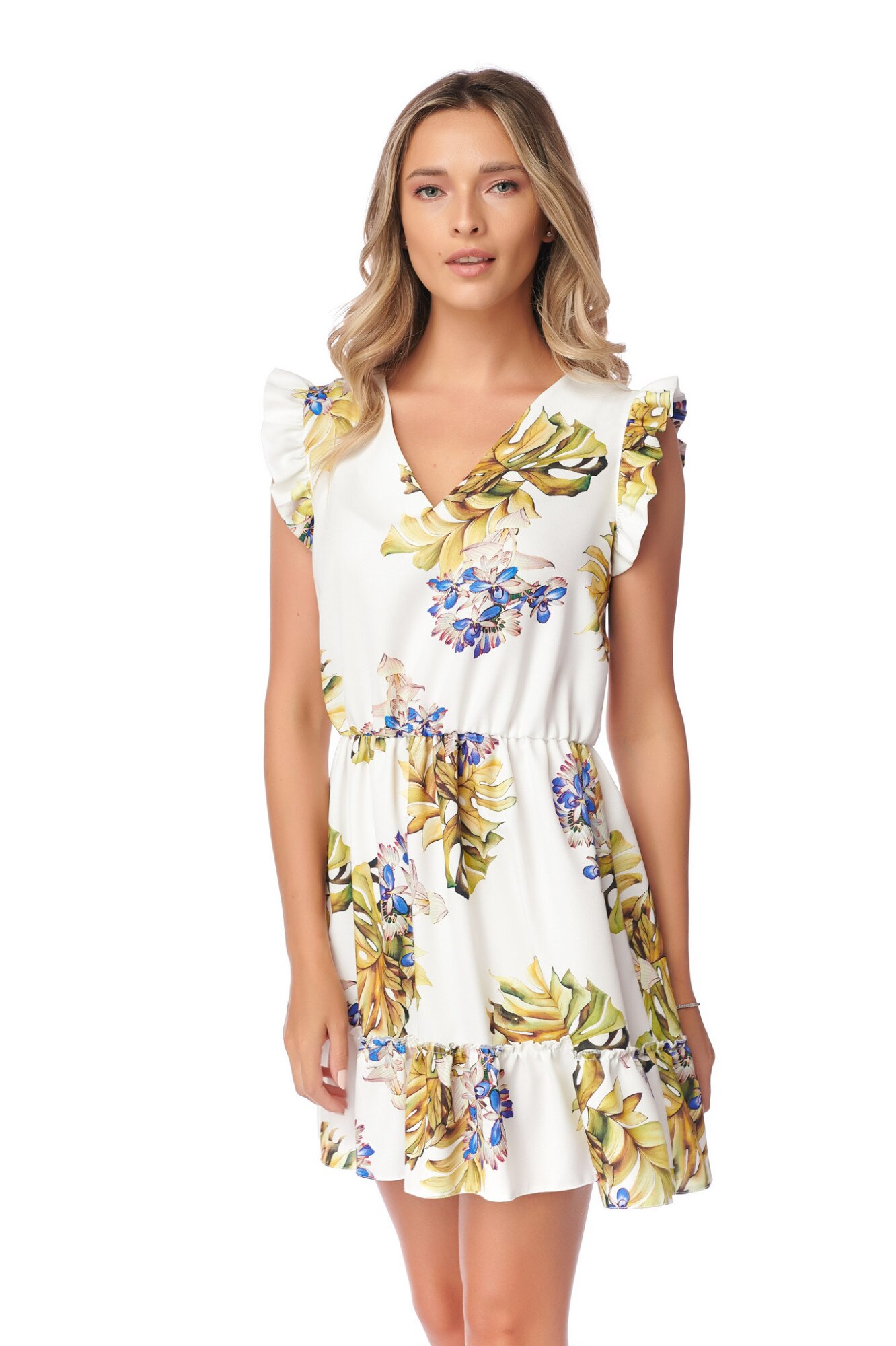 Rochie scurta, Fashion Loft, imprimeu floral, volane, multicolor, Multicolor