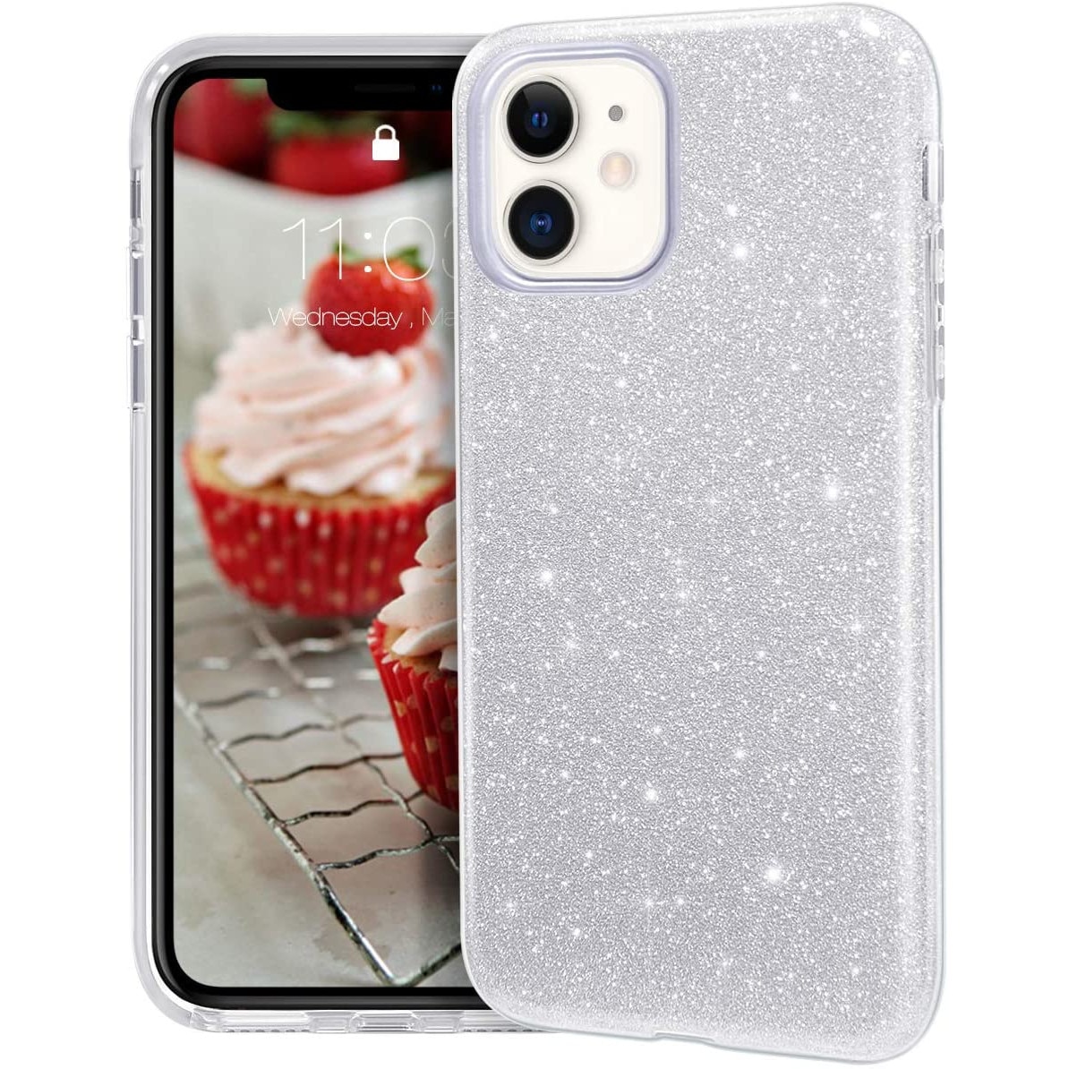 Husa iPhone 11 ultra slim din silicon, cu 3 straturi protective, Fashion, cu sclipici Glitter, Argintiu