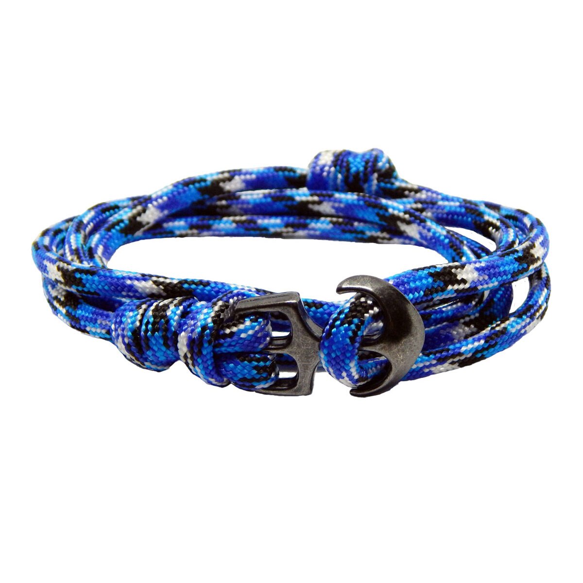 Bratara reglabila din snur paracord multicolor, preponderent albastru si inchizatoare Ancora neagra