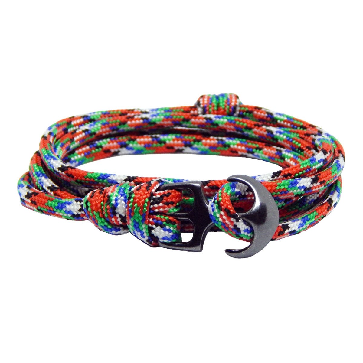 Bratara reglabila din snur paracord multicolor, preponderent rosu si inchizatoare Ancora neagra