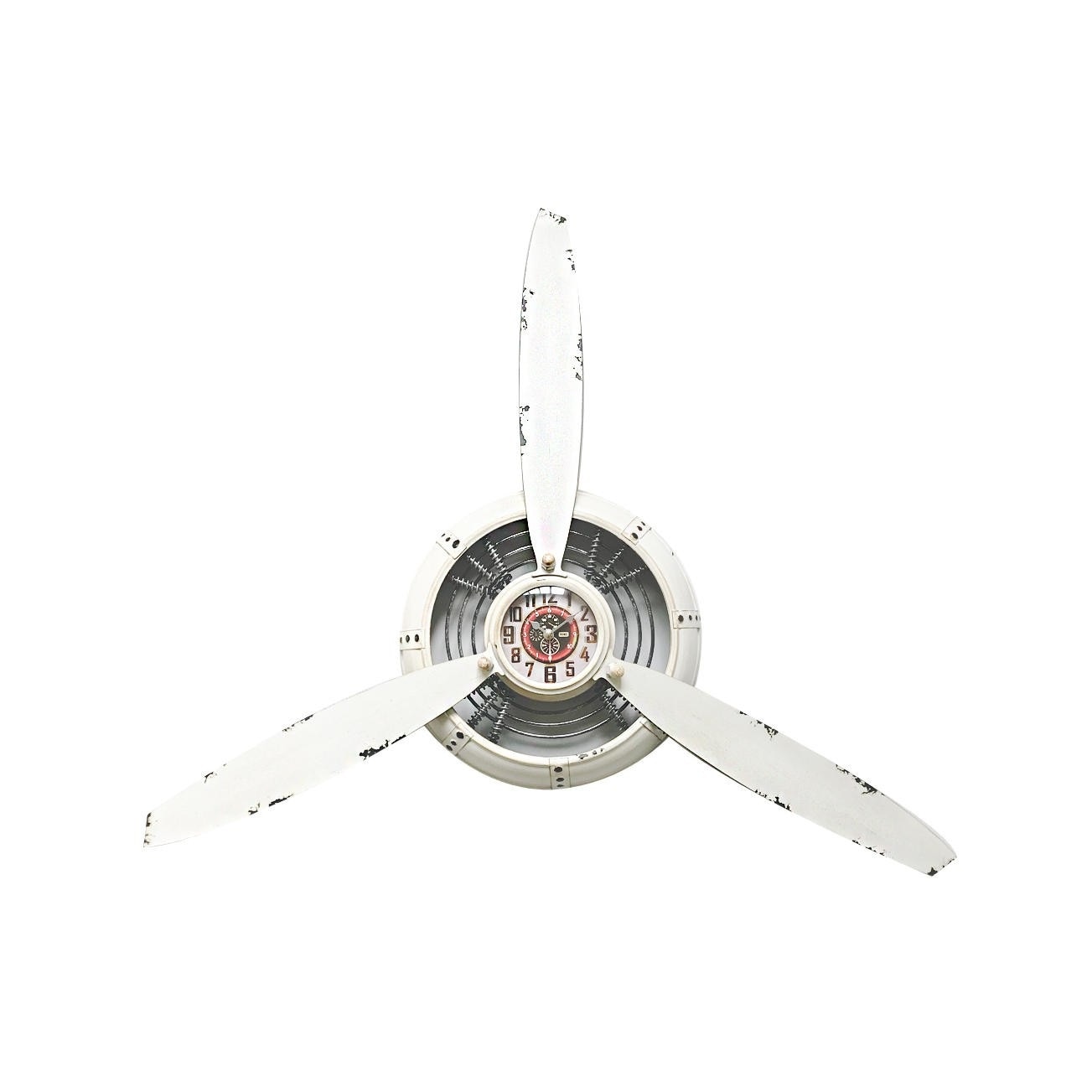 Ceas perete YANA, metal, are o forma de elice, culoarea alba, aspect vintage si diametrul de 67 cm