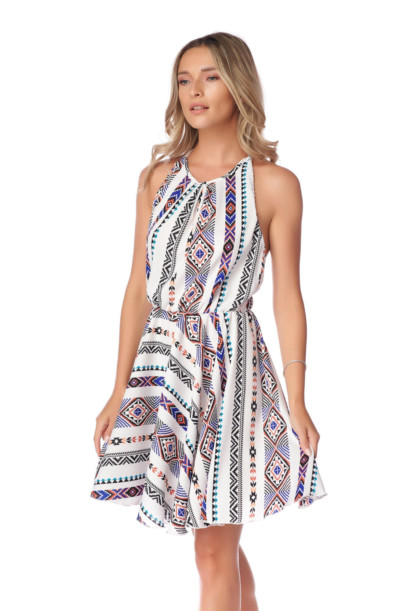 Rochie Fashion Loft,scurta,spate gol, motive traditionale, Multicolor