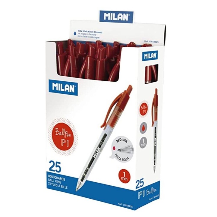 Комплект от 25 химикалки MILAN, червено, дебелина на върха 1 mm, прозрачен пластмасов механизъм и тяло
