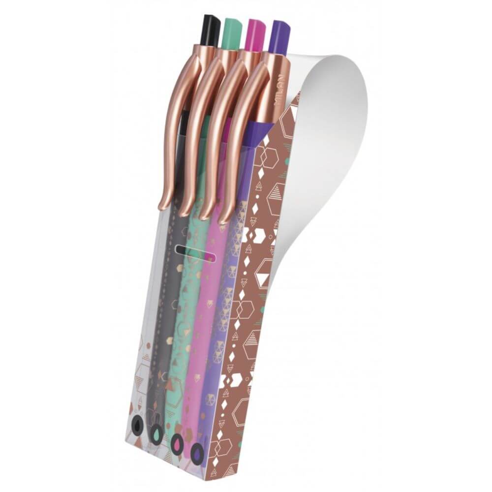 Set de 4 Pixuri MILAN Copper, Mina Albastra, Grosime Varf 1 mm, Mecanism si Corp din Plastic In Culori Diverse cu Decoratiuni Aramii
