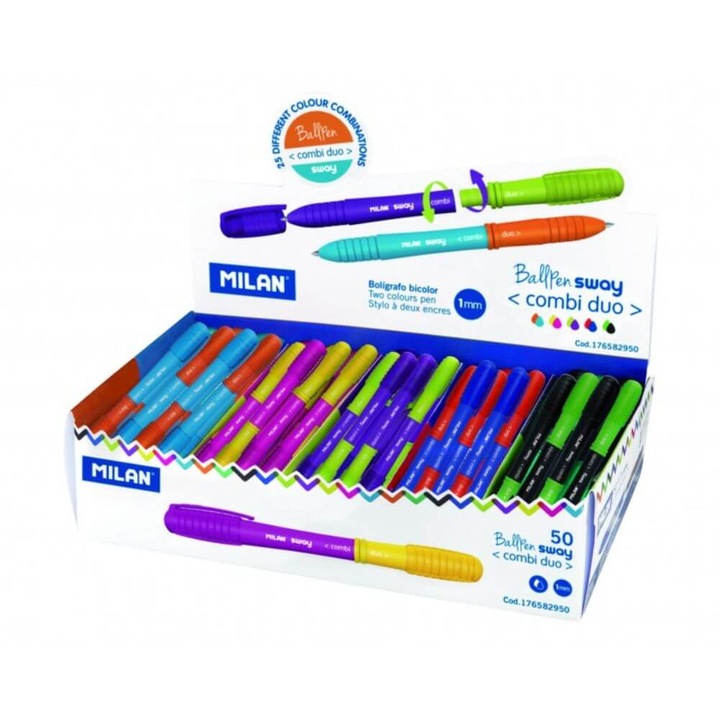 Комплект комбинирани химикалки Milan Sway, връх 1 mm, 50 бр., двуцветно писане, многоцветно пластмасово тяло