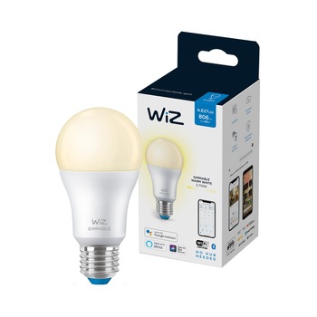 Bec LED inteligent WiZ Connected Dimmable, Wi-Fi, A60, E27, 8W (60W), 806 lm, temperatura lumina alba calda, compatibil Google Assistant/Alexa/Siri Bec LED inteligent WiZ Connected Dimmable, Wi-Fi, A60, E27, 8W (60W), 806 lm, temperatura lumina alba calda, compatibil Google Assistant/Alexa/Siri