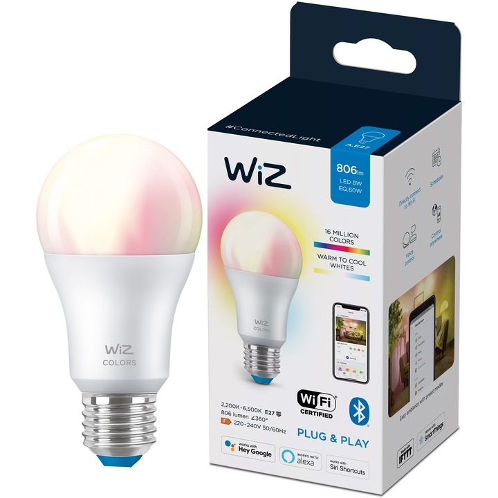 Смарт крушка LED RGBW WiZ Colors, Wi-Fi, A60, E27, 8W (60W), 806 лумена, Бяла и цветна светлина, Съвместимост Google Assistant/Alexa/Siri, Енергиен клас F