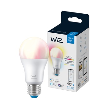Bec LED RGBW inteligent WiZ Connected Colors, Wi-Fi, A60, E27, 8W (60W), 806 lm, lumina alba si colorata, compatibil Google Assistant/Alexa/Siri Bec LED RGBW inteligent WiZ Connected Colors, Wi-Fi, A60, E27, 8W (60W), 806 lm, lumina alba si colorata, compatibil Google Assistant/Alexa/Siri