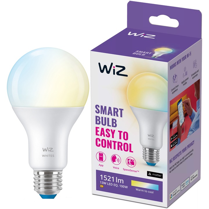 Смарт крушка LED WiZ Whites, Wi-Fi, A67, E27, 13W (100W), 1521 лумена, Регулируема температура на светлината (2700K-6500K), Съвместимост Google Assistant/Alexa/Siri