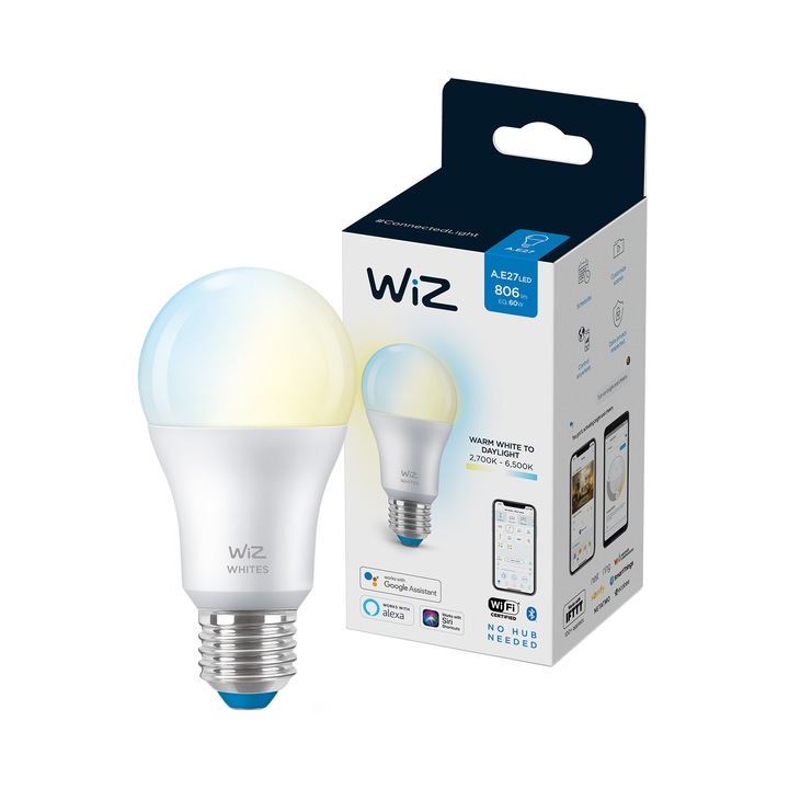 WiZ Connected Whites intelligens LED izzó, Wi-Fi, A60, E27, 8W (60W), 806 lm, állítható fényhőmérséklet (2700K-6500K), kompatibilis Google Assistant / Alexa / Siri