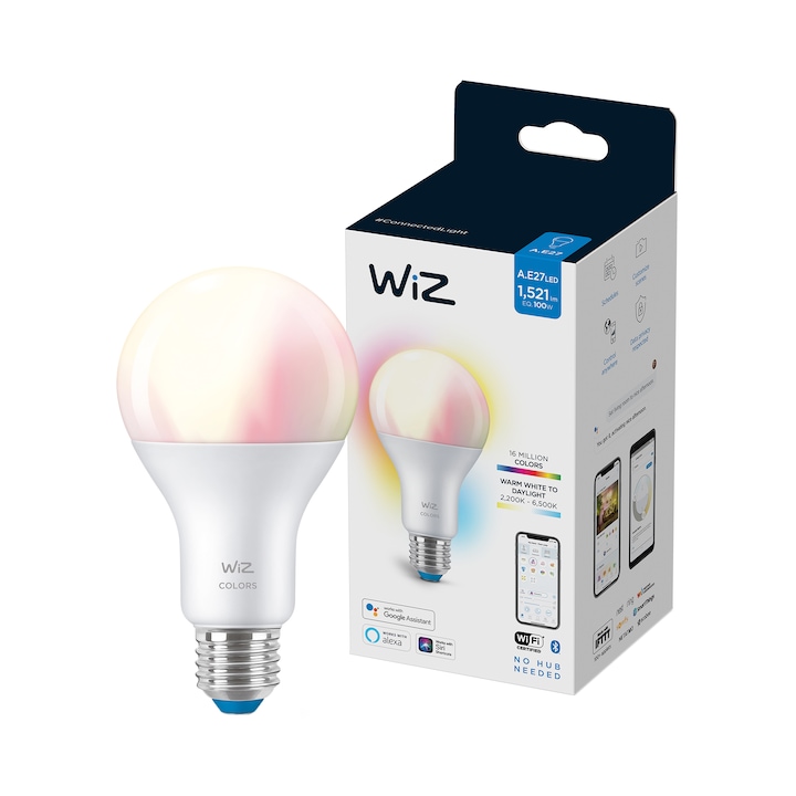 WiZ Connected Colors intelligens RGBW LED izzó, Wi-Fi, A67, E27, 13W (100W), 1521 lm, fehér és színes fény, Google Assistant / Alexa / Siri kompatibilis