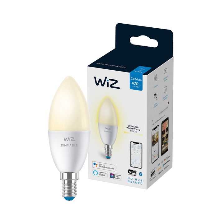 Смарт крушка LED WiZ Dimmable, Wi-Fi, C37, E14, 4.9W (40W), 470 лумена, Топла бяла светлина (2700K), Съвместимост Google Assistant/Alexa/Siri, Енергиен клас F