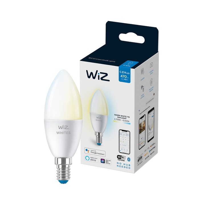 WiZ Connected Whites intelligens LED izzó, Wi-Fi, C37, E14, 4.9W (40W), 470 lm, állítható fényhőmérséklet (2700K-6500K), kompatibilis Google Assistant / Alexa / Siri