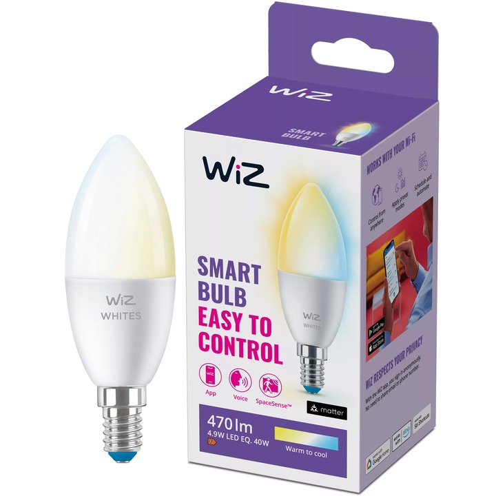 Смарт крушка LED WiZ Whites, Wi-Fi, C37, E14, 4.9W (40W), 470 лумена, Регулируема температура на светлината (2700K-6500K), Съвместимост Google Assistant/Alexa/Siri, Енергиен клас F