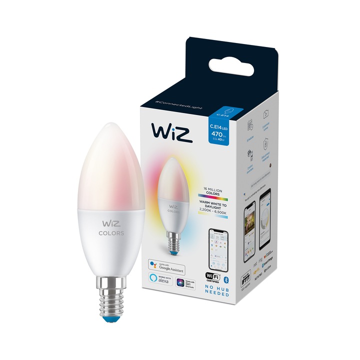 Смарт крушка LED RGBW WiZ Colors, Wi-Fi, C37, E14, 4.9W (40W), 470 лумена, Бяла и цветна светлина, Съвместимост Google Assistant/Alexa/Siri, Енергиен клас F