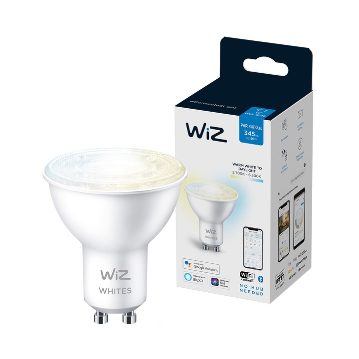 Смарт крушка LED WiZ Whites, Wi-Fi, GU10, 4.9W (50W), 345 лумена, Регулируема температура на светлината (2700K-6500K), Съвместимост Google Assistant/Alexa/Siri, Енергиен клас F
