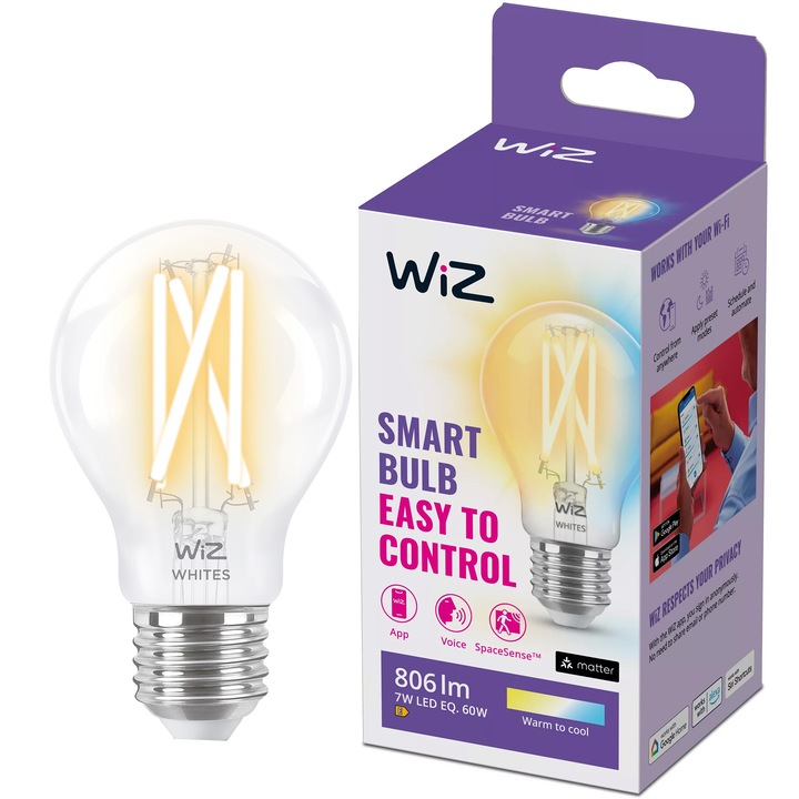 Bec LED inteligent vintage (decorativ) WiZ Connected Filament Whites, Wi-Fi, A60, E27, 6.7W (60W), 806 lm, temperatura lumina reglabila (2700K-6500K), compatibil Google Assistant/Alexa/Siri, clasa energetica E