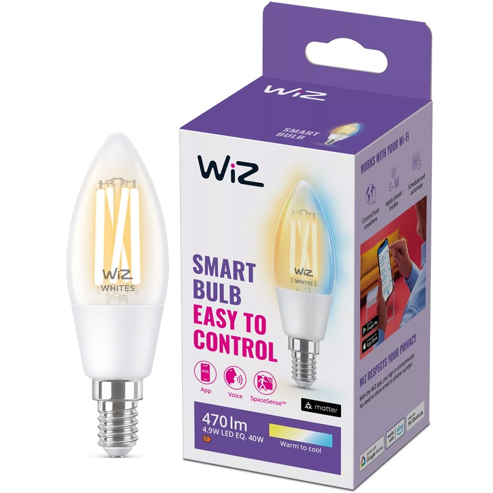 Смарт крушка LED vintage WiZ Filament Whites, Wi-Fi, C35, E14, 4.9W (40W), 470 лумена, Регулируема температура на светлината (2700K-6500K), Съвместимост Google Assistant/Alexa/Siri, Енергиен клас F