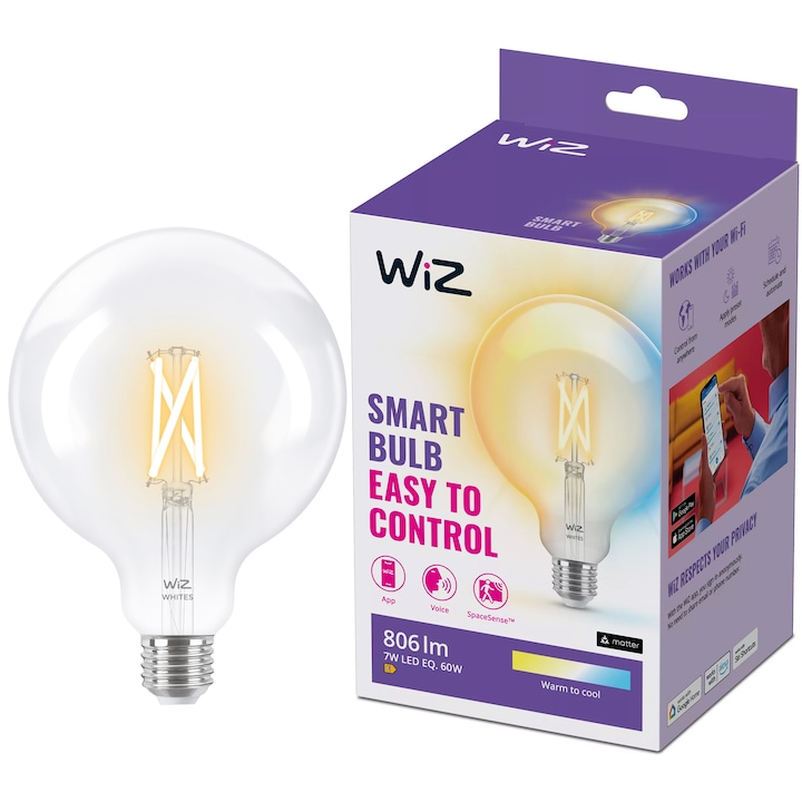Смарт крушка LED vintage WiZ Filament Whites, Wi-Fi, G125, E27, 6.7W (60W), 806 лумена, Регулируема температура на светлината (2700K-6500K), Съвместимост Google Assistant/Alexa/Siri, Енергиен клас E