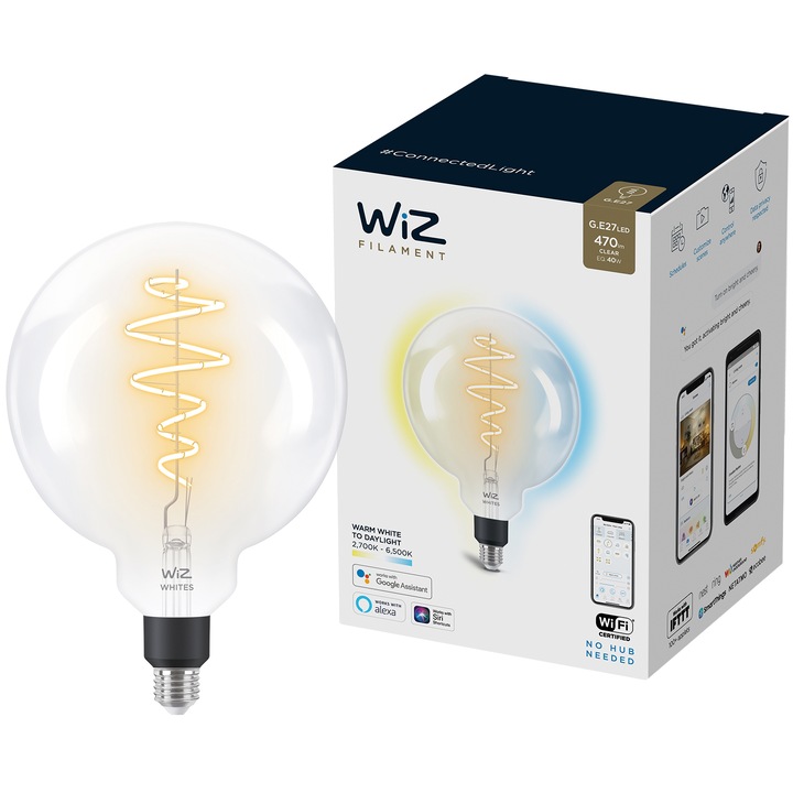 Смарт крушка LED vintage WiZ Filament Whites, Wi-Fi, G200, E27, 6.5W (40W), 470 лумена, Регулируема температура на светлината (2700K-6500K), Съвместимост Google Assistant/Alexa/Siri, Енергиен клас G