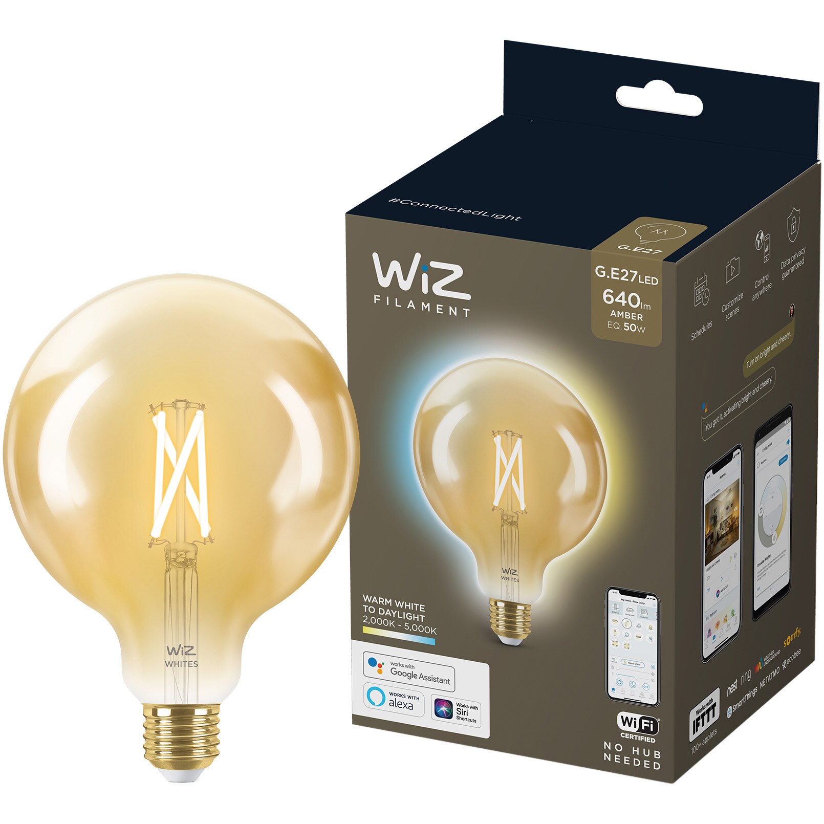 Bec LED inteligent vintage (decorativ) WiZ Connected Filament Whites, Wi-Fi, G125, E27, 6.7W (50W), 640 lm, temperatura lumina reglabila (2000K-5000K), compatibil Google Assistant/Alexa/Siri