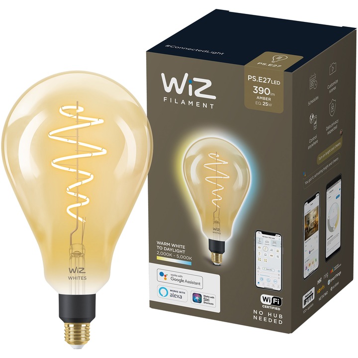 Смарт крушка LED vintage WiZ Filament Whites, PS160, Wi-fi, E27, 6.5W (25W), 390 лумена, Регулируема температура на светлината (2000K-5000K), Съвместимост Google Assistant/Alexa/Siri, Енергиен клас G