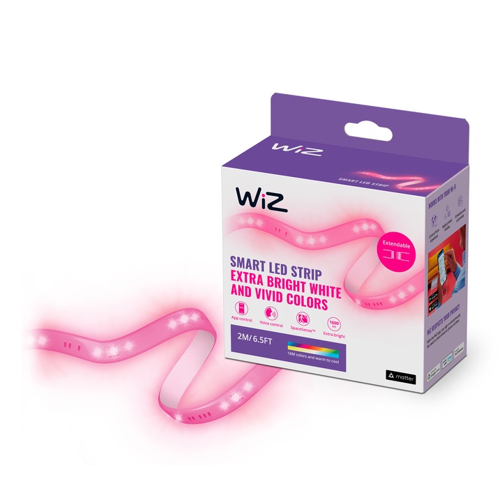 Смарт лента LED RGBa WiZ Starter Kit, Wi-Fi, 20W, 1600 лумена, Бяла и цветна светлина, Съвместимост Google Assistant/Alexa/Siri, 2 м