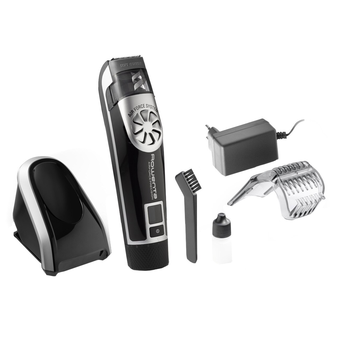 Aparat de tuns barba Air Force Precision TN4851F0, 7500 rpm, autonomie 45 min, ecran LCD, stand incarcare, negru/gri