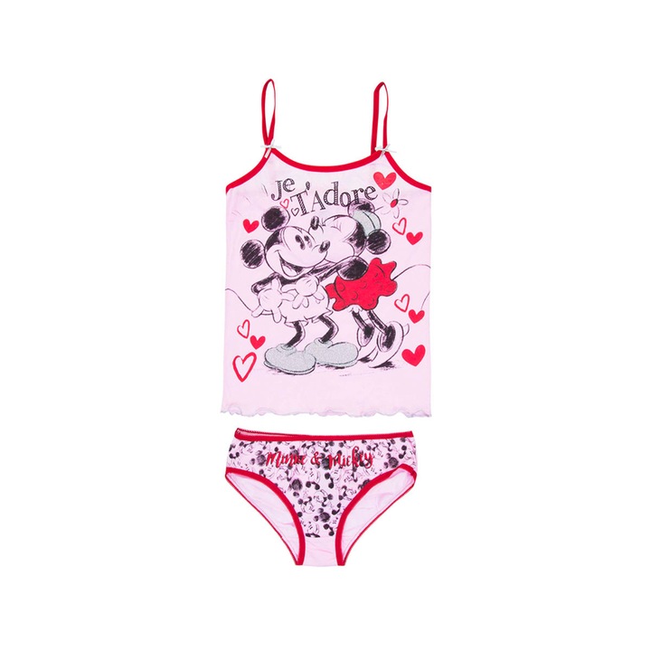 Set maiou + chilot fete, Minnie&Mickey, Je t'adore, roz
