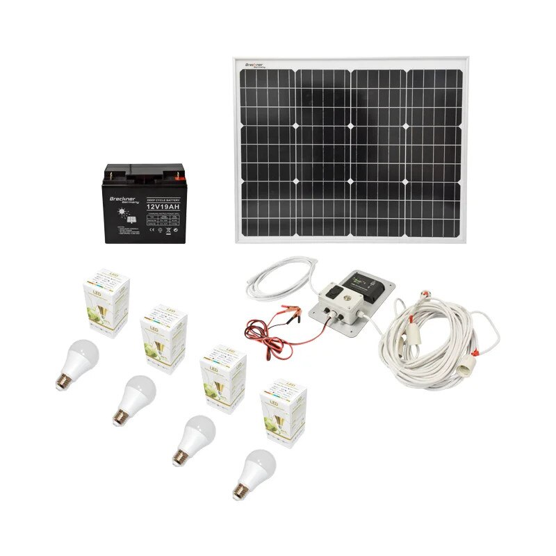 PanouSet panou solar 670 x 540 x 30 mm 50 W 12 - 24 V baterie 12/17 Ah priza bricheta 4 becuri 9 W Breckner Germany