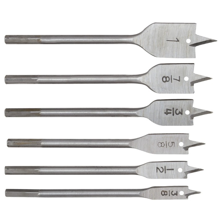 Burghiu Lemn Plat EvoTools, cu o coada hexagonala, 10, 12, 16, 18, 20, 25 mm, set 6 bucati