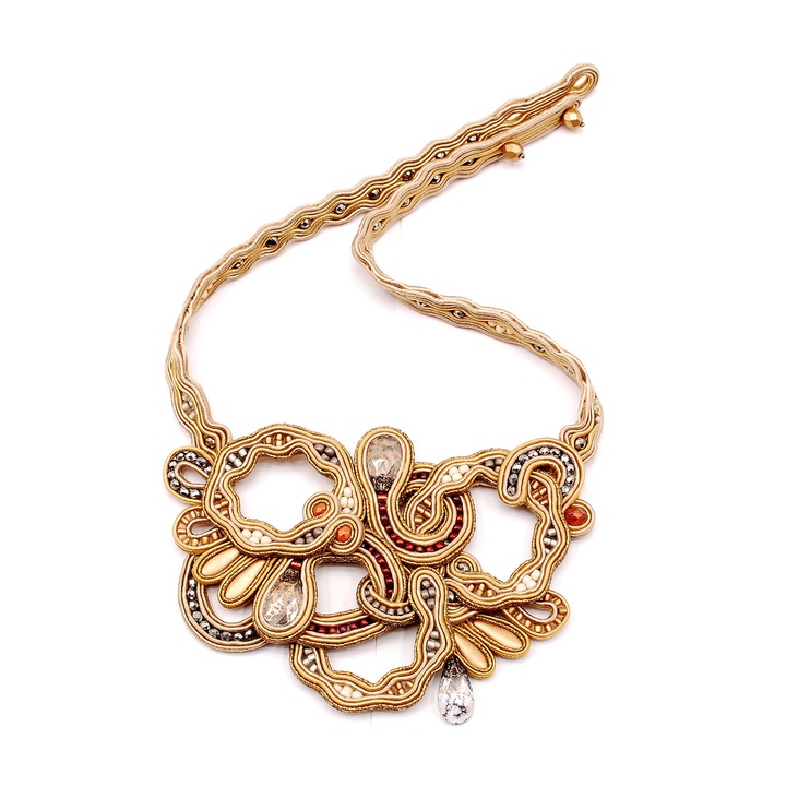 Colier handmade SENGABEADS cu cristale, auriu, inchidere reglabila, diametru 45 cm