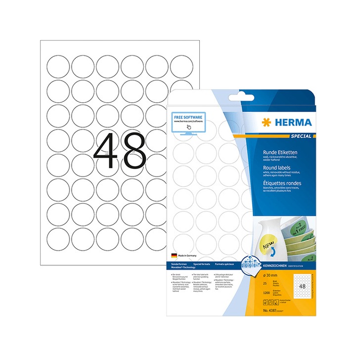 30 mm-es Herma A4 íves etikett címke, fehér színű, visszaszedhető ragasztó (25 ív/doboz)