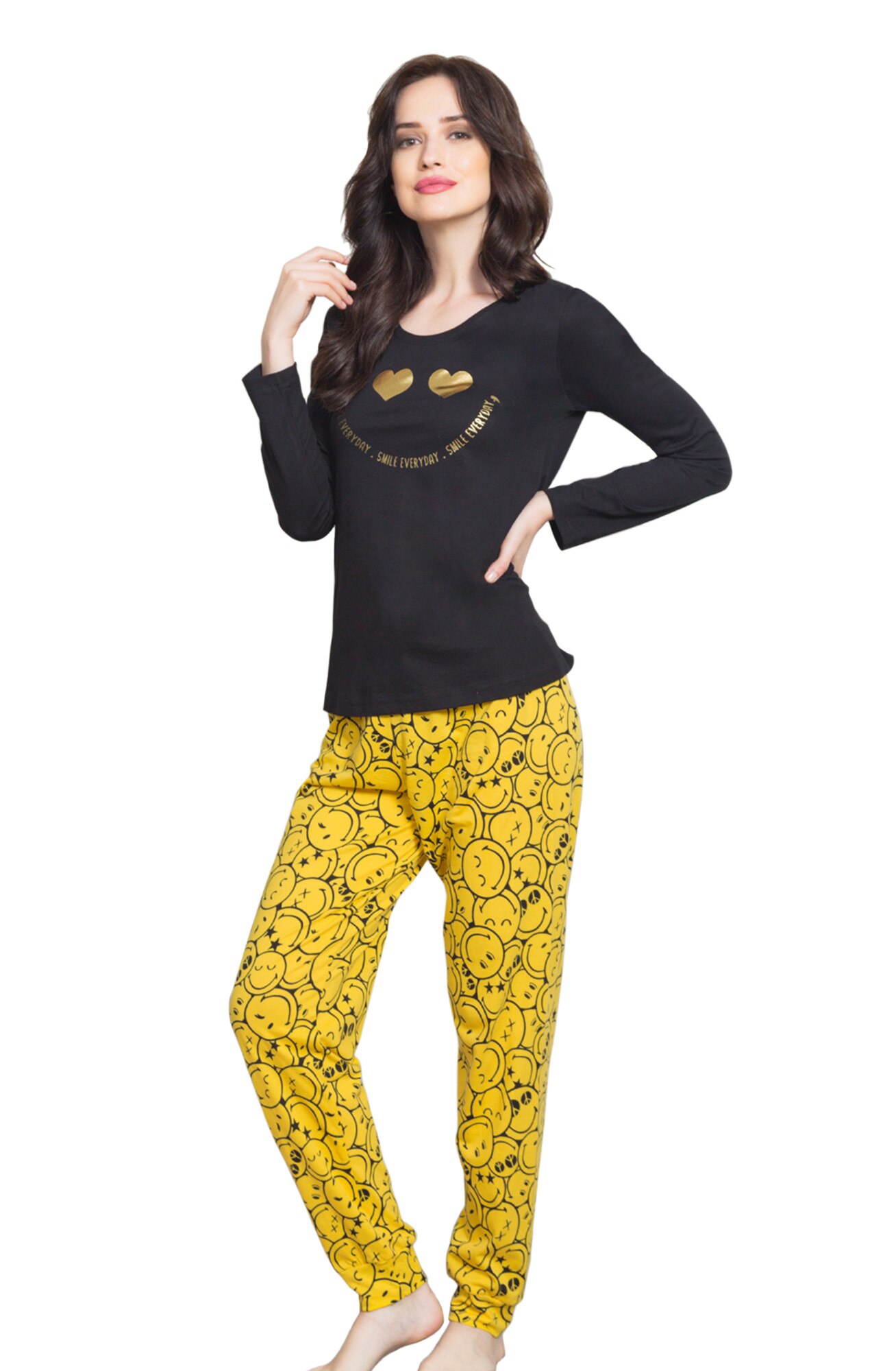 Pijama dama Vienetta , model Smile more, negru/galben