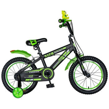 Bicicleta Baieti 4-6 Ani, Roti 16 Inch, Frane C-Brake, Roti Ajutatoare, Rich Baby CST16/02C, Cadru Negru cu Design Verde Bicicleta Baieti 4-6 Ani, Roti 16 Inch, Frane C-Brake, Roti Ajutatoare, Rich Baby CST16/02C, Cadru Negru cu Design Verde