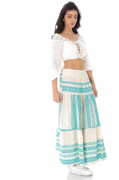 Fusta maxi, din bumbac, cu broderie Azteca -ROH - FR485, O.S., Verde, One Size Fusta maxi, din bumbac, cu broderie Azteca -ROH - FR485, O.S., Verde, One Size