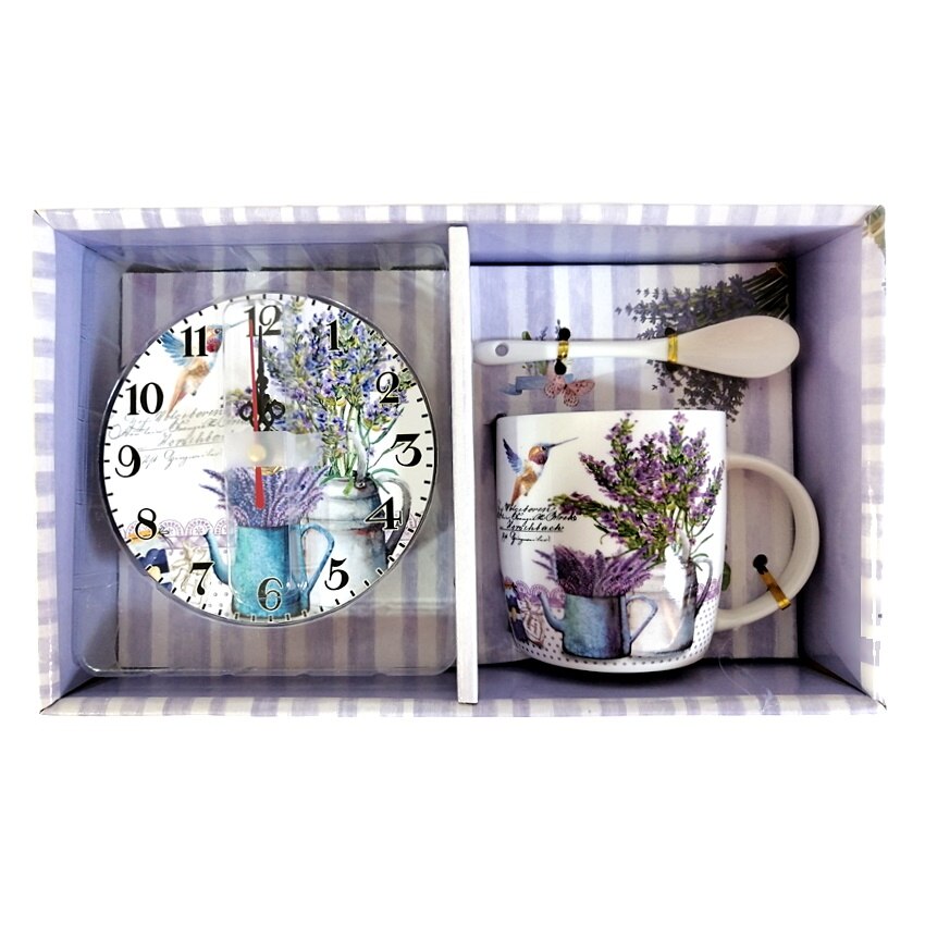 Set ceramica cu desen lavanda, cana, lingura, ceas si cutie cu maner