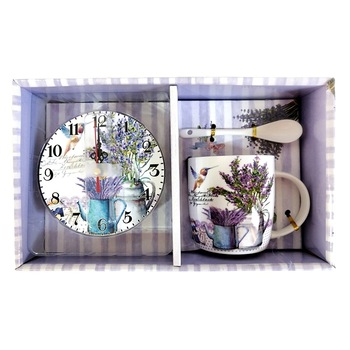 Set ceramica cu desen lavanda, cana, lingura, ceas si cutie cu maner Set ceramica cu desen lavanda, cana, lingura, ceas si cutie cu maner