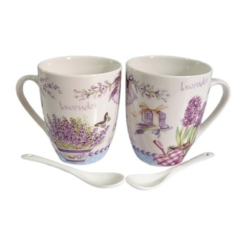 Set 2 cani ceramice cu lingurite 340 ml, model lavanda Set 2 cani ceramice cu lingurite 340 ml, model lavanda