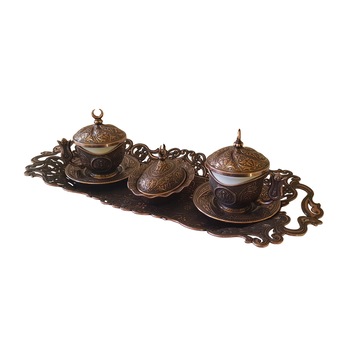 Set turcesc pentru cafea, cu emblem Ottoman, Sena, alama antichizata Set turcesc pentru cafea, cu emblem Ottoman, Sena, alama antichizata