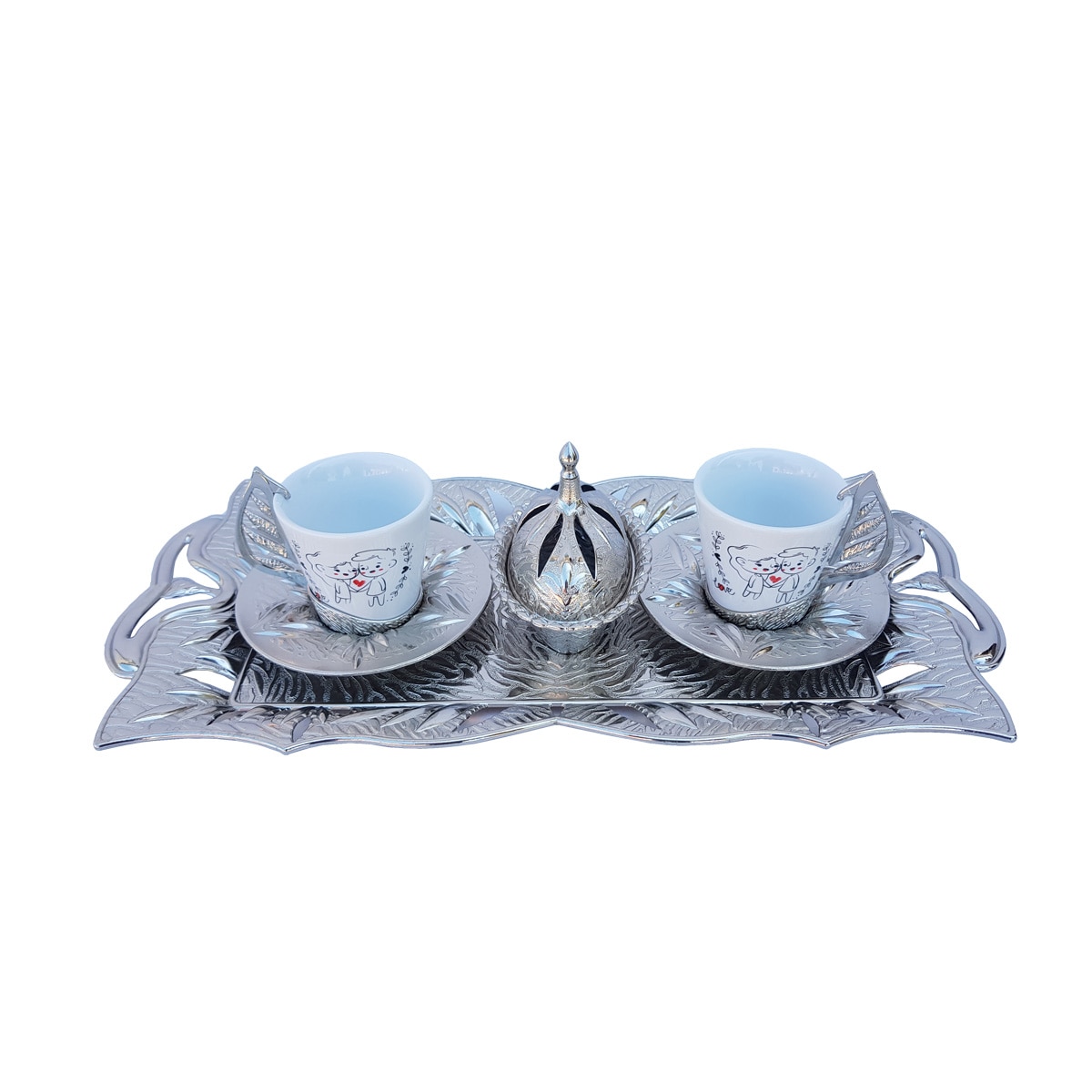 Set turcesc pentru cafea, cu desen LOVE, 11 piese, Sena, argintiu