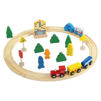 Tren magnetic din lemn cu sina circulara si multe accesorii, 26 piese Tren magnetic din lemn cu sina circulara si multe accesorii, 26 piese