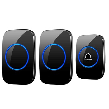 Sonerie wireless, Plug and Play, Cu buton impermeabil, 2 x Receptor, 4 Niveluri de volum, 36 Melodii, LED Flash, Negru Sonerie wireless, Plug and Play, Cu buton impermeabil, 2 x Receptor, 4 Niveluri de volum, 36 Melodii, LED Flash, Negru