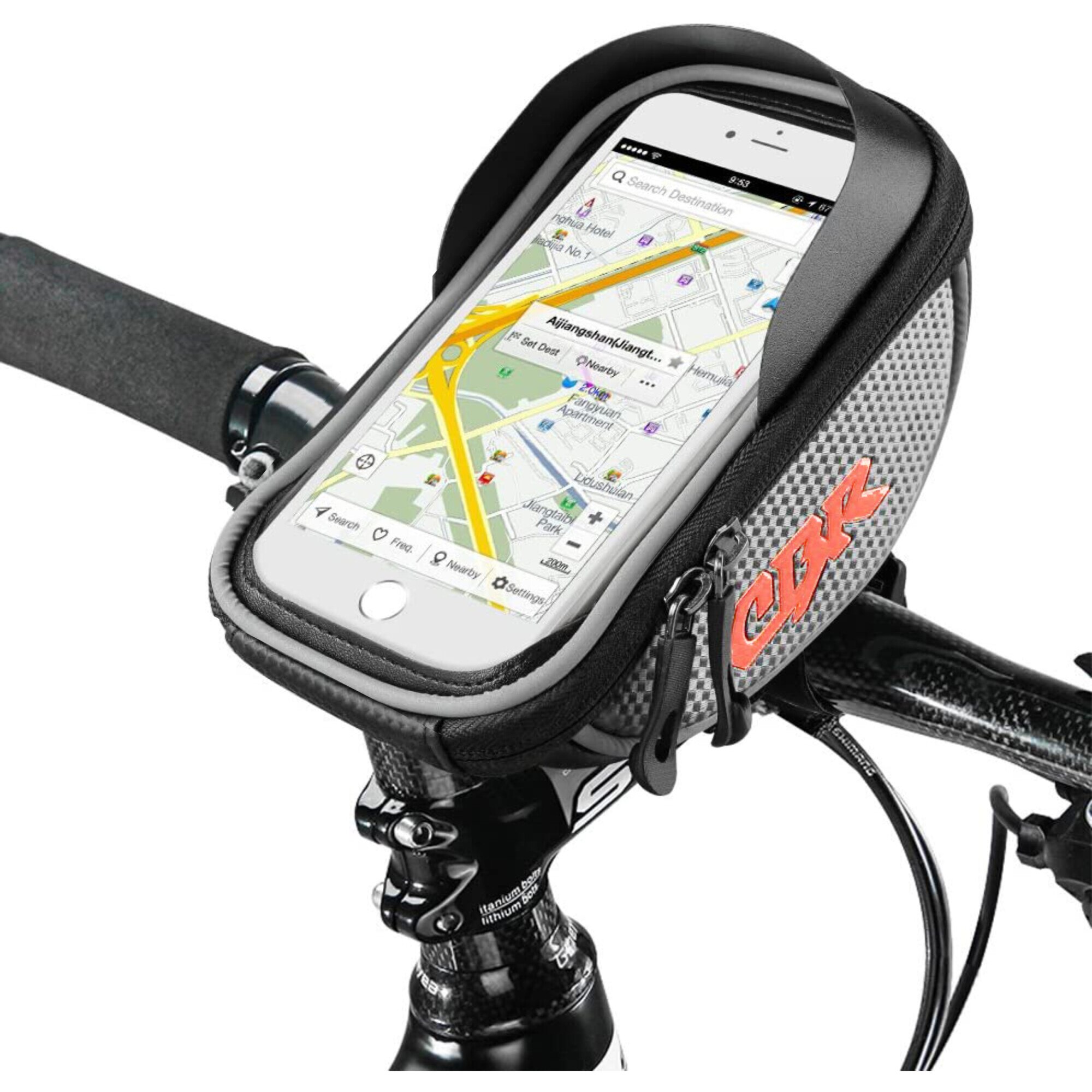 Borseta bicicleta impermeabila cu husa pentru telefon, montare pe ghidon, compatibila cu telefoane pana la 16 cm lungime, banda reflectorizanta pe ambele parti, spatiu depozitare 0.5L, Argintiu