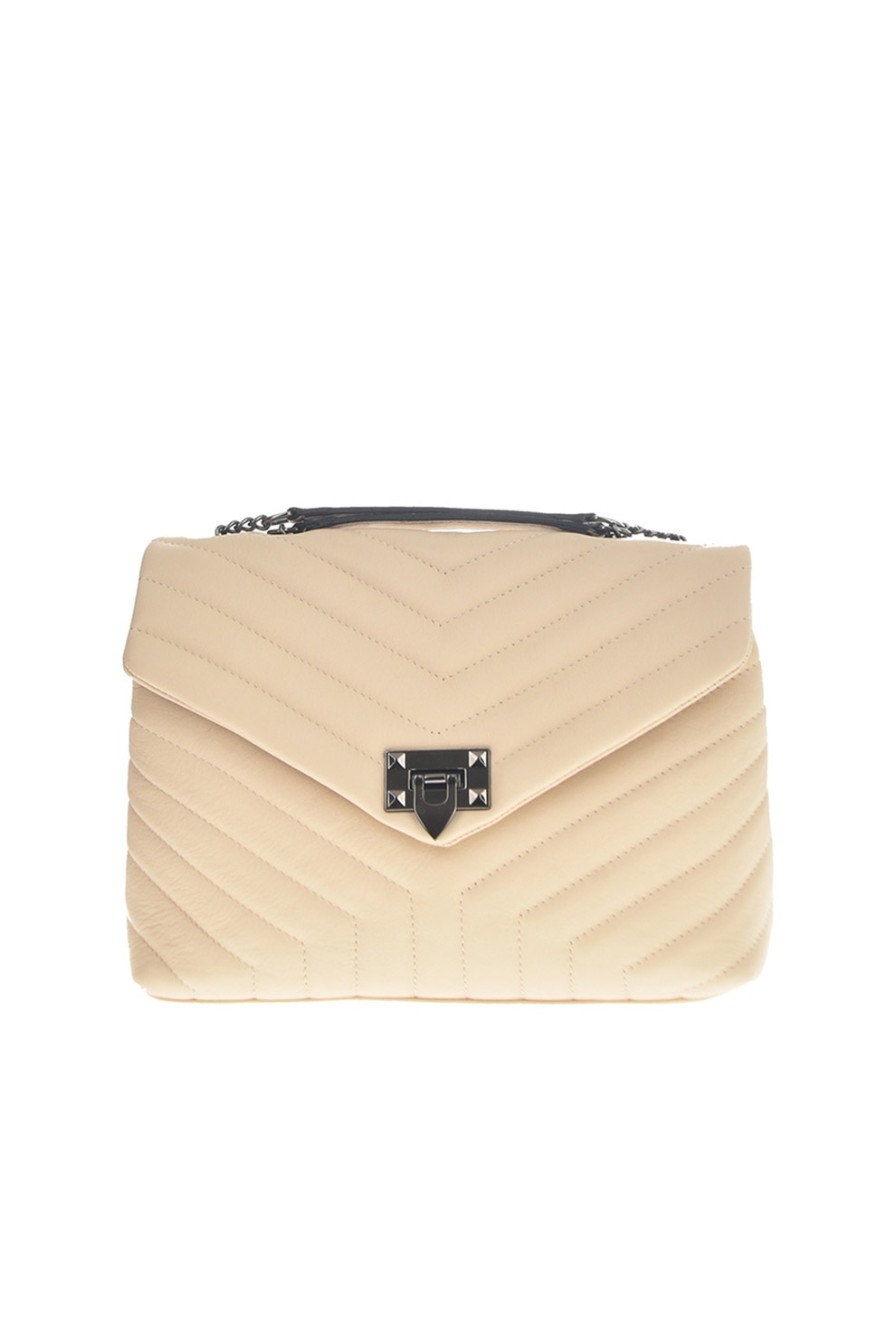 Chiara Canotti, Geanta de piele, cu bareta de umar si aspect matlasat, Bej/Argintiu inchis