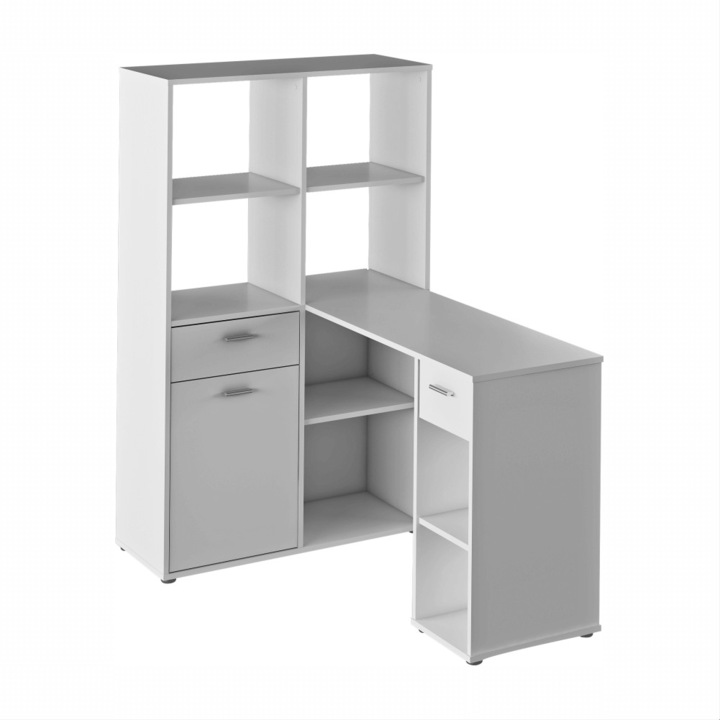 Birou cu raft/etajera pe colt , alb , 124x145x90 cm, Bortis Impex